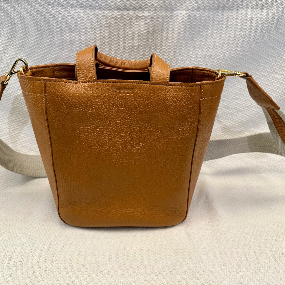 Lambertson Truex Wendy Mini Tote in camel w/ shoulder strap and card cases.